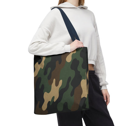 Camo pattern tote bag by Printify featuring all-over printed canvas design, spacious carryall bag with sturdy handles.