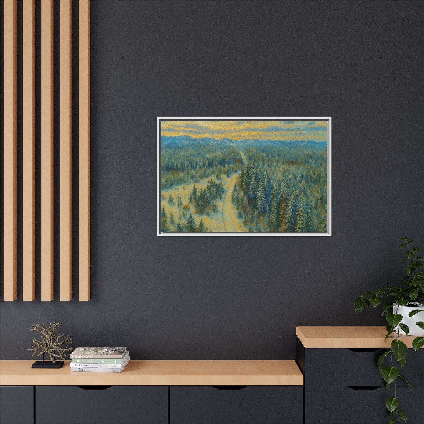 Framed matte canvas print of a serene winter forest landscape by Printify, featuring snow-covered trees and a tranquil scene.
