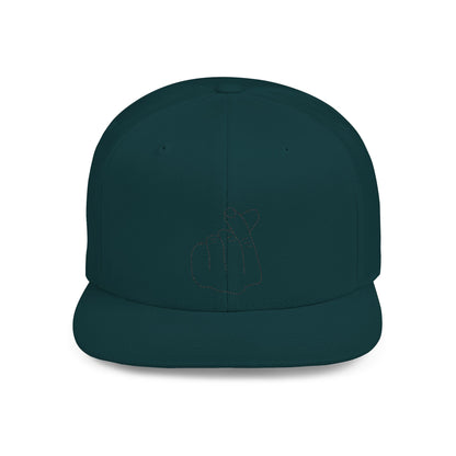 Minimalist hand gesture flat bill snapback hat by Printify, featuring a simple design and adjustable strap in a casual style.