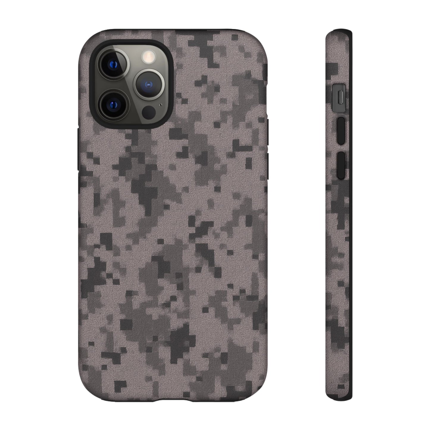 Gray digital camouflage phone case by Printify, showing a tough protective cover with gray and black digital camo pattern.