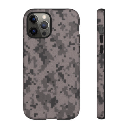 Gray digital camouflage phone case by Printify, showing a tough protective cover with gray and black digital camo pattern.