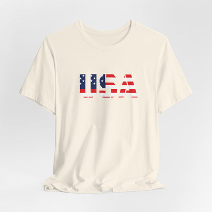 USA Flag Text Tee — Patriotic Fourth of July T-Shirt