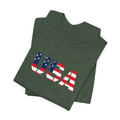 USA Flag Text Tee — Patriotic Fourth of July T-Shirt