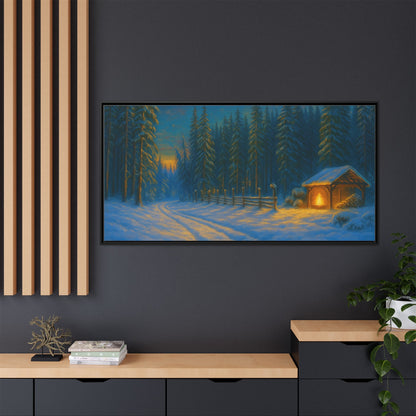 Cozy winter cabin canvas wall art featuring a snowy forest scene in the evening, framed in a matte finish by Printify.