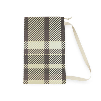 Plaid Laundry Bag — Beige & Brown Drawstring Wash Tote