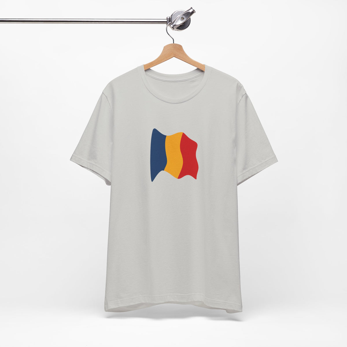 Romania flag T-shirt by Printify featuring a minimal waving tricolor design on a casual cotton tee.