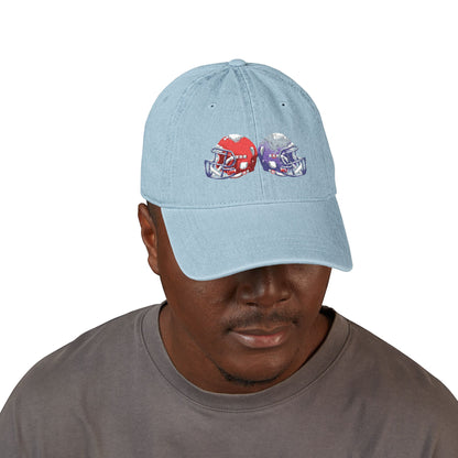 Red and blue embroidered football helmets denim hat with team cap design, stylish hat by Printify featuring detailed embroidery.