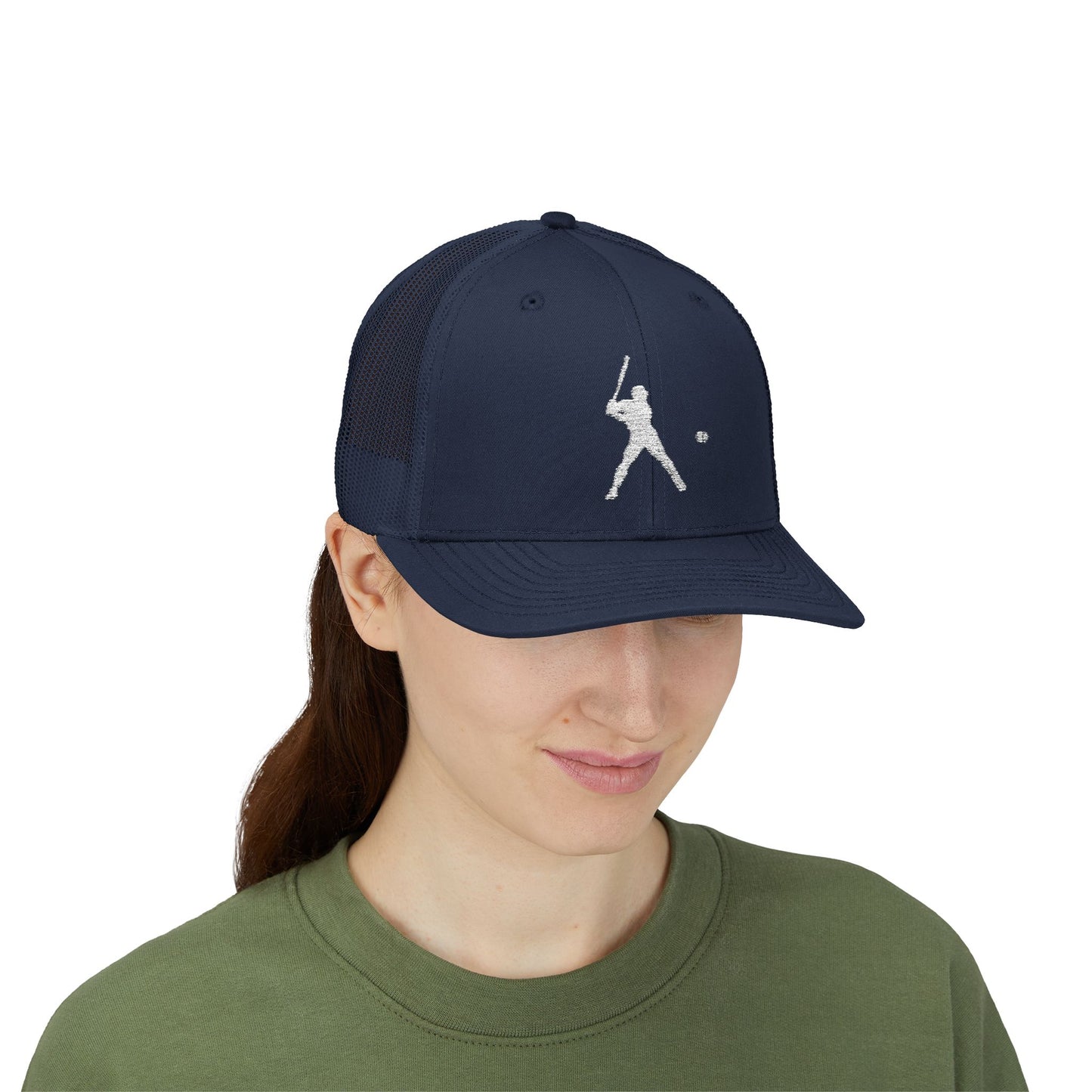 Vintage baseball snapback trucker cap with batter silhouette design, made by Printify, featuring a structured brim and adjustable strap.