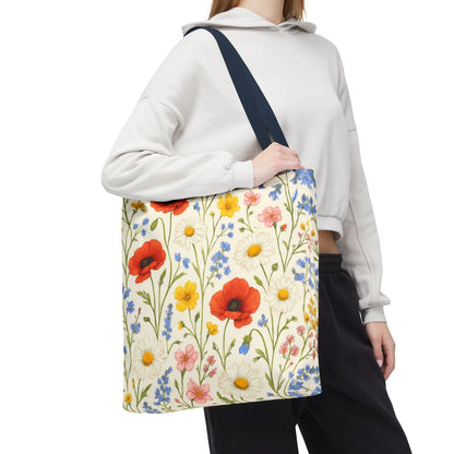 Wildflower Poppy print tote bag by Printify featuring a vibrant floral all-over pattern on durable fabric.