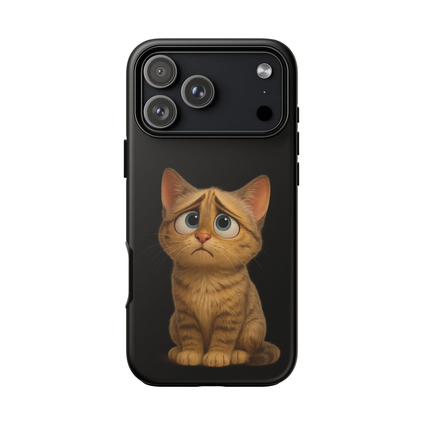 Cute sad kitty print phone case for iPhone, protective Cat Phone Case by Printify featuring a sad kitten design.