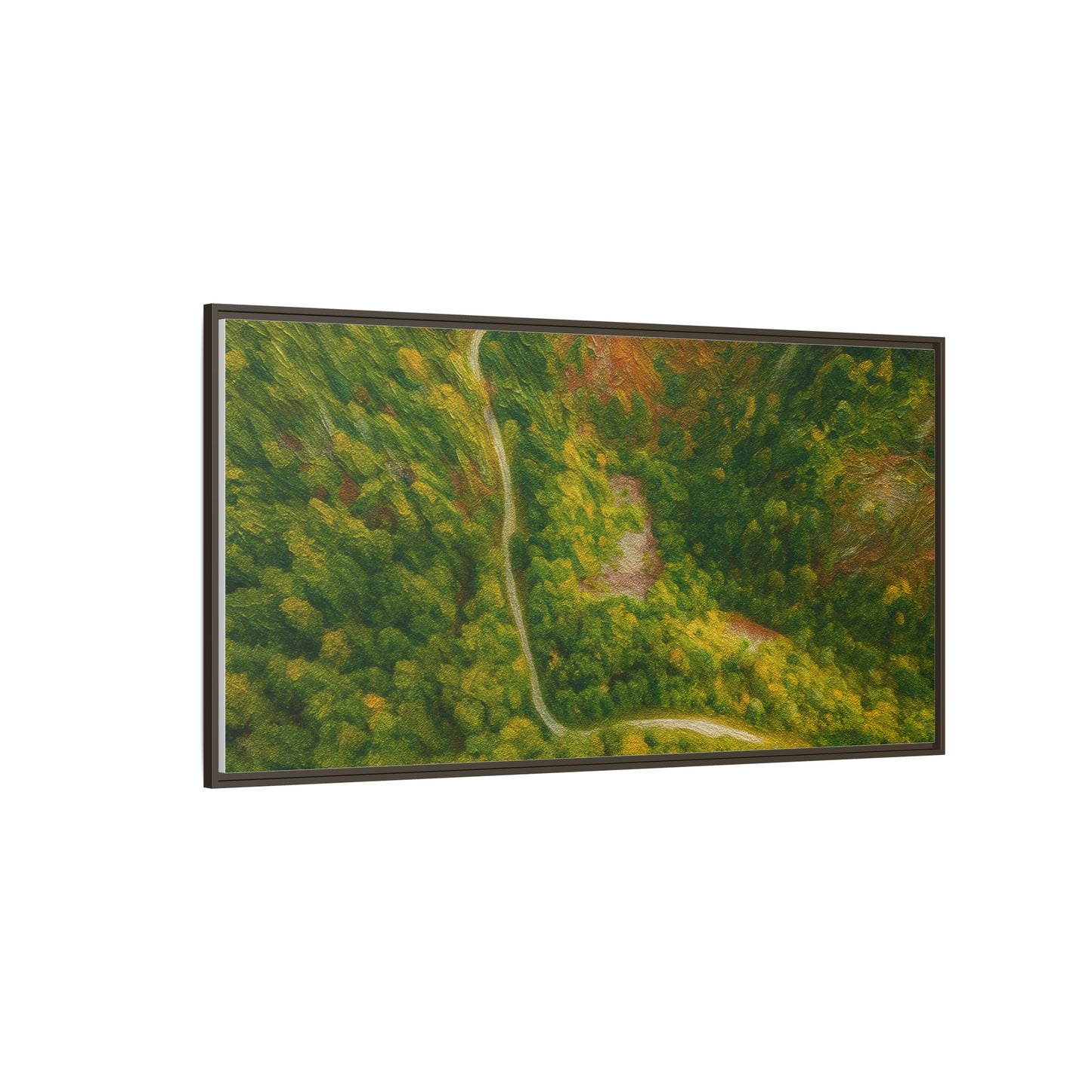 Colorful framed matte canvas wall art of an aerial forest path landscape by Printify, showcasing vibrant multi-color nature scene.