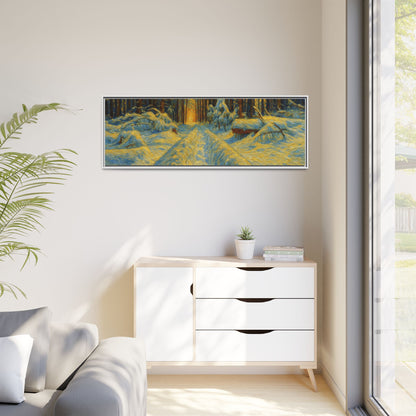 Framed matte canvas print of a snowy forest path at sunset, featuring warm colors and detailed woodland scenery.