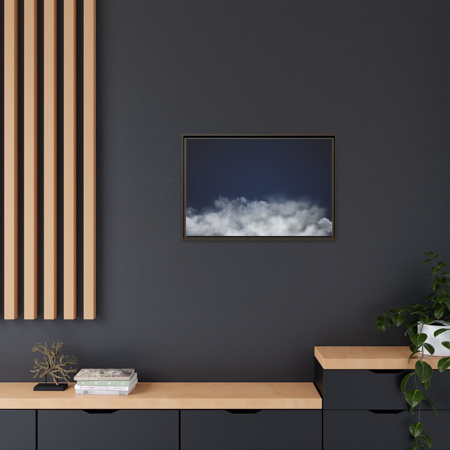 Framed night sky clouds matte canvas wall art featuring starry sky scene by Printify, perfect for home decor.