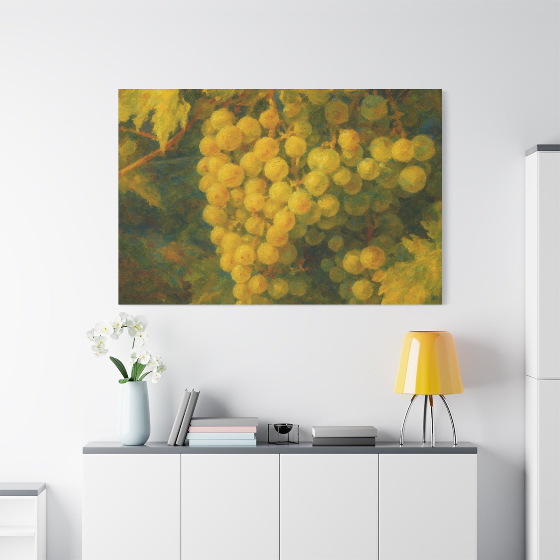 Yellow grape cluster canvas print by Printify, featuring realistic yellow grapes on a textured canvas background.