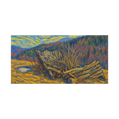 Impressionist Starry Landscape canvas print by Printify showcasing a vibrant night sky scene with swirling stars and colorful brushstrokes.