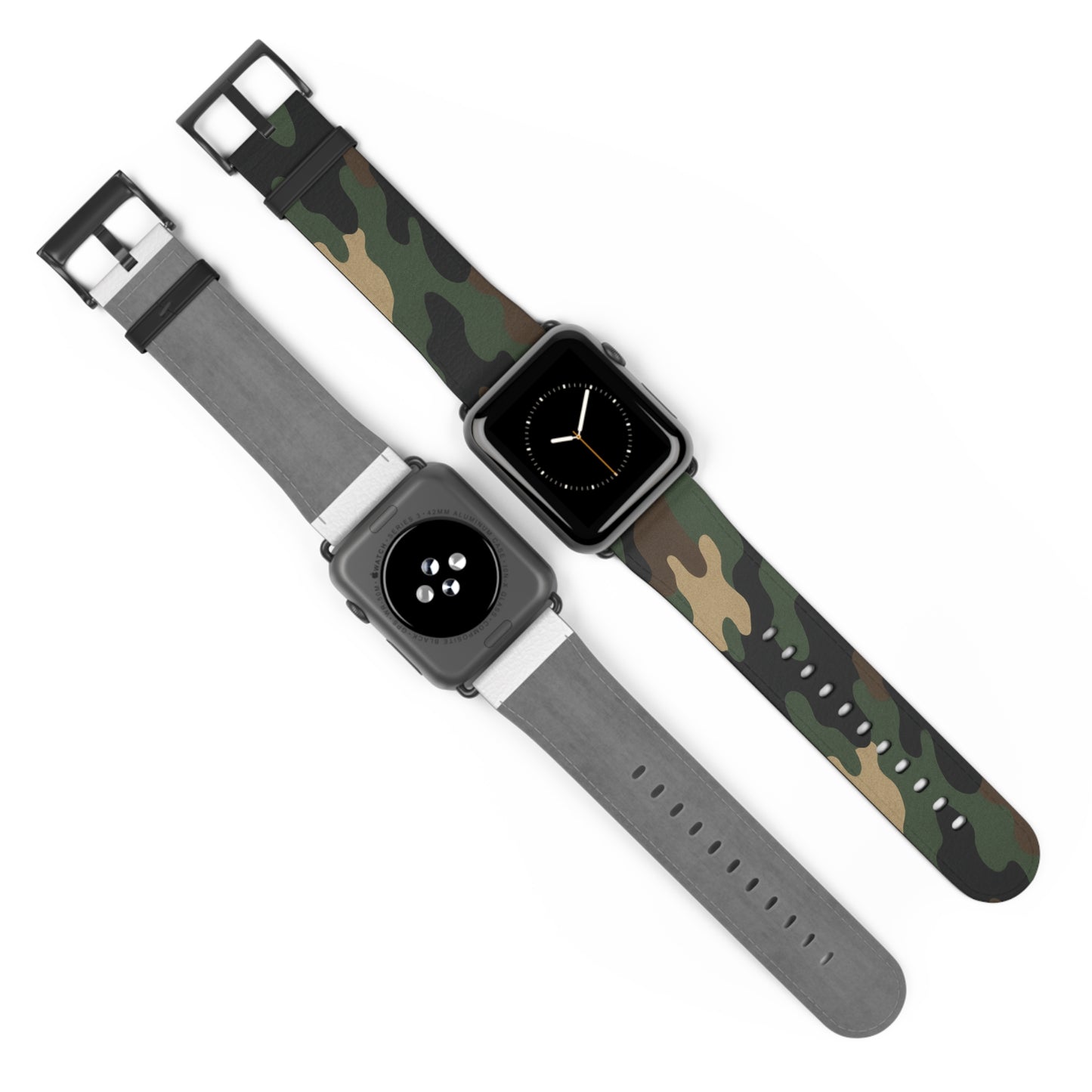 Green camouflage silicone Apple Watch band, Printify accessory, shown on a smartwatch with textured camouflage pattern.