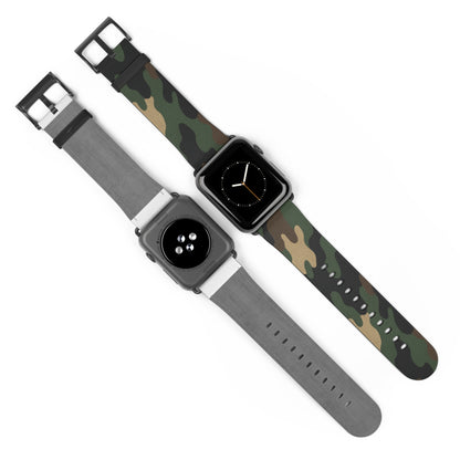 Green camouflage silicone Apple Watch band, Printify accessory, shown on a smartwatch with textured camouflage pattern.