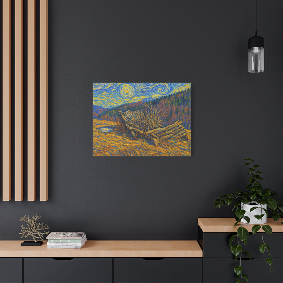 Impressionist Starry Landscape canvas print by Printify featuring a vibrant night sky and scenic landscape artwork.