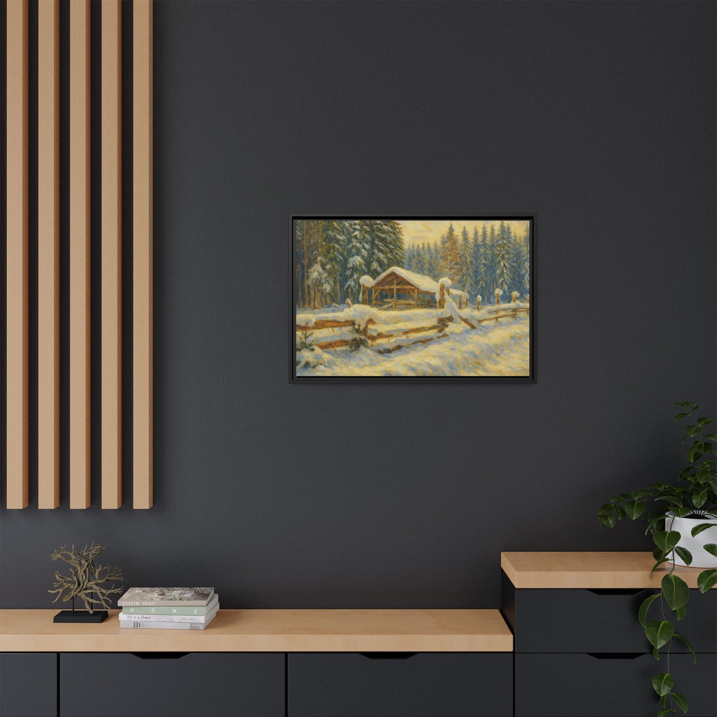 Snowy cabin winter landscape canvas wall art by Printify showcasing a cozy cabin in a snow-covered forest scene.