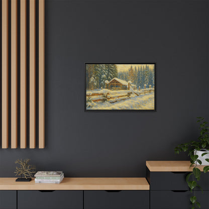 Snowy cabin winter landscape canvas wall art by Printify showcasing a cozy cabin in a snow-covered forest scene.