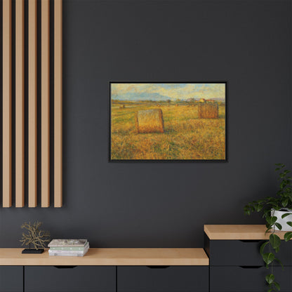 Framed matte canvas wall art featuring a rustic hayfield landscape print by Printify, perfect for countryside-inspired decor.