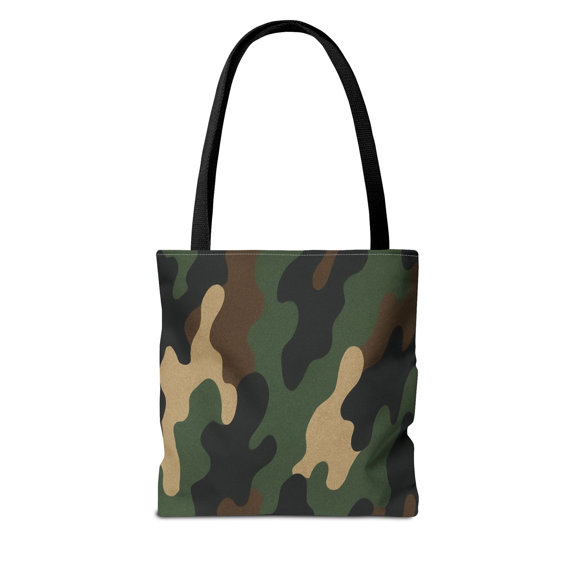 Camo pattern tote bag made of canvas with all-over print, designed by Printify, featuring a spacious carryall style.