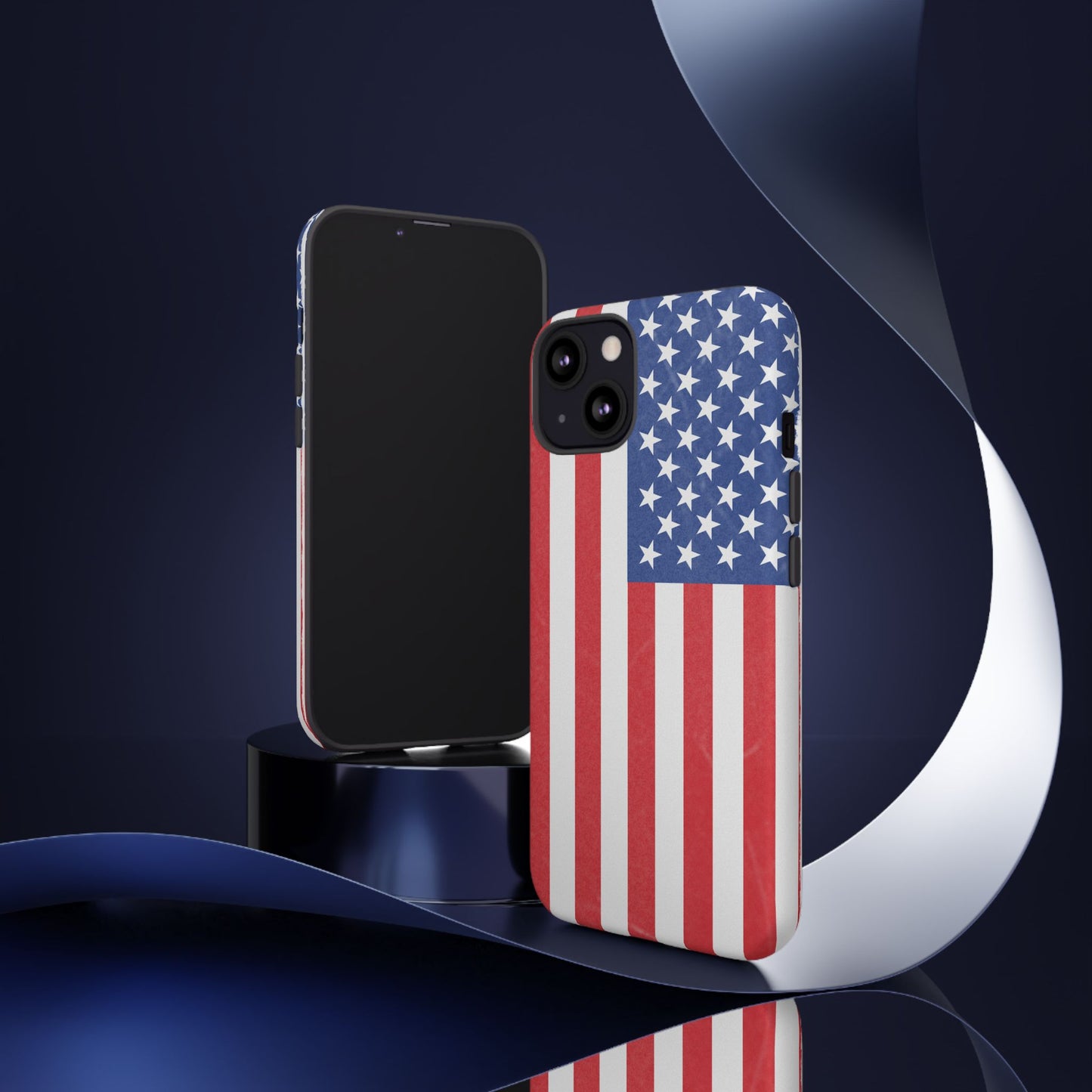 American flag tough phone case for iPhone, durable patriotic cover with bold red, white, and blue flag design.