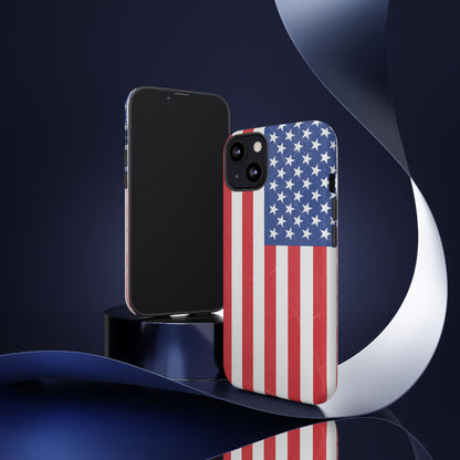American flag tough phone case for iPhone, durable patriotic cover with bold red, white, and blue flag design.