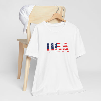 Red, white, and blue USA flag text patriotic T-shirt by Printify, featuring American flag design for Fourth of July celebrations.