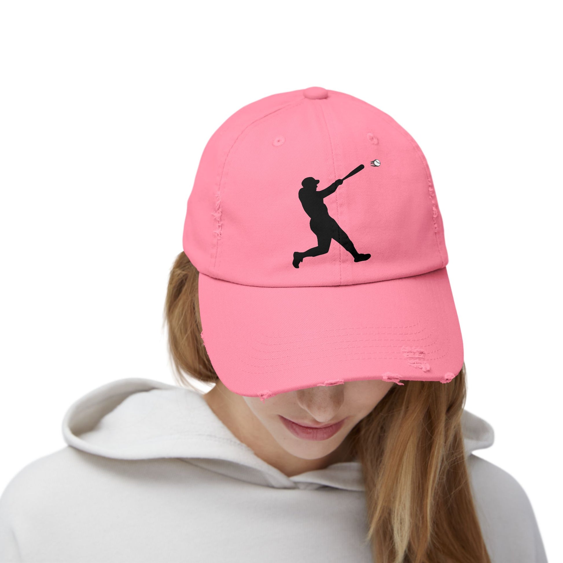 Distressed baseball cap with silhouette batter design, casual hats by Printify featuring worn, vintage style and adjustable fit.