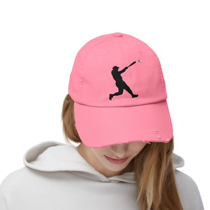 Distressed baseball cap with silhouette batter design, casual hats by Printify featuring worn, vintage style and adjustable fit.