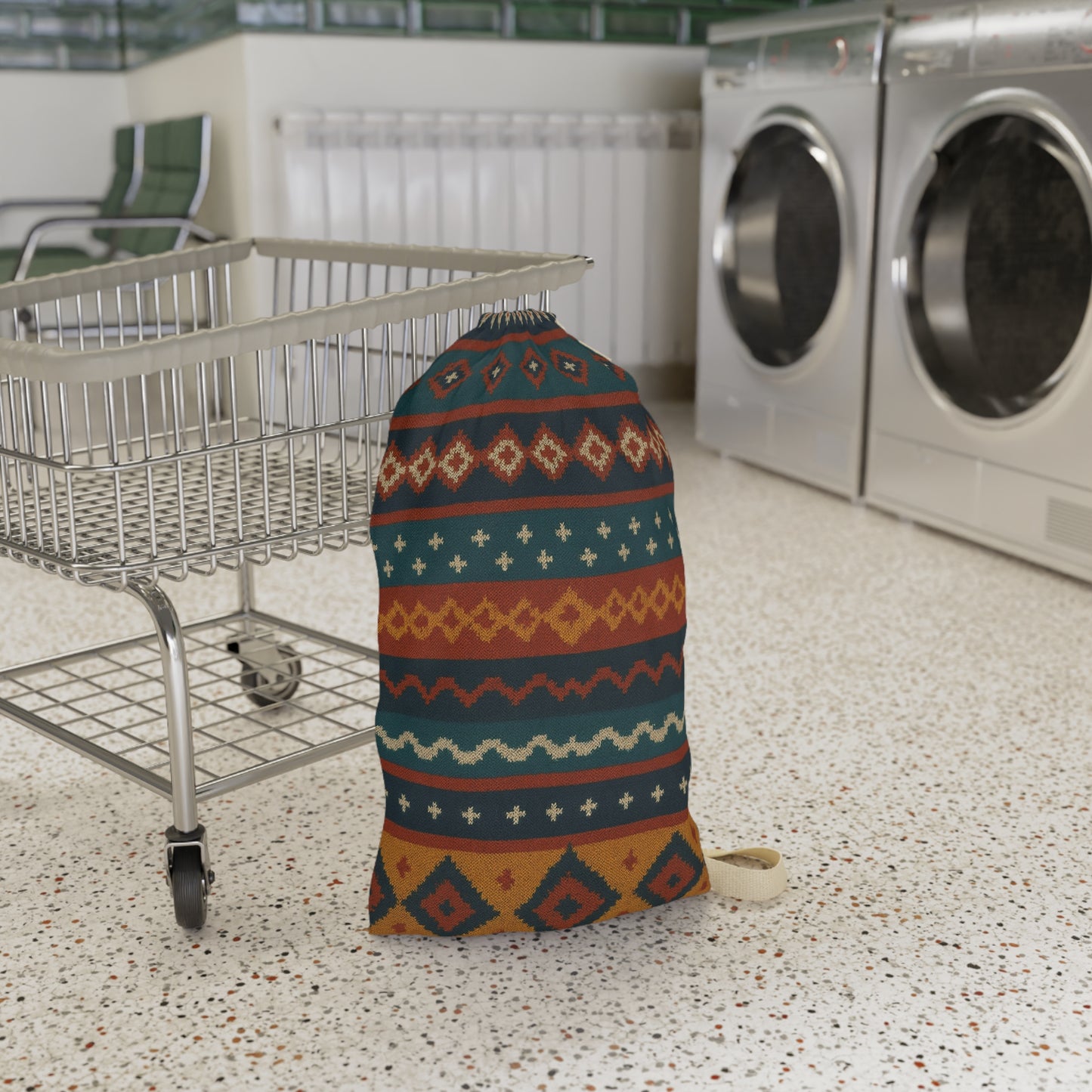 Southwestern Aztec patterned laundry bag with boho geometric design and drawstring closure, made by Printify.