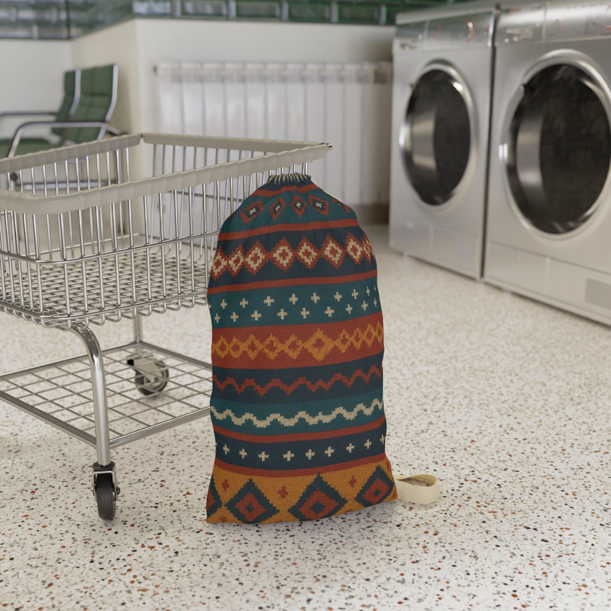 Southwestern Aztec patterned laundry bag with boho geometric design and drawstring closure, made by Printify.