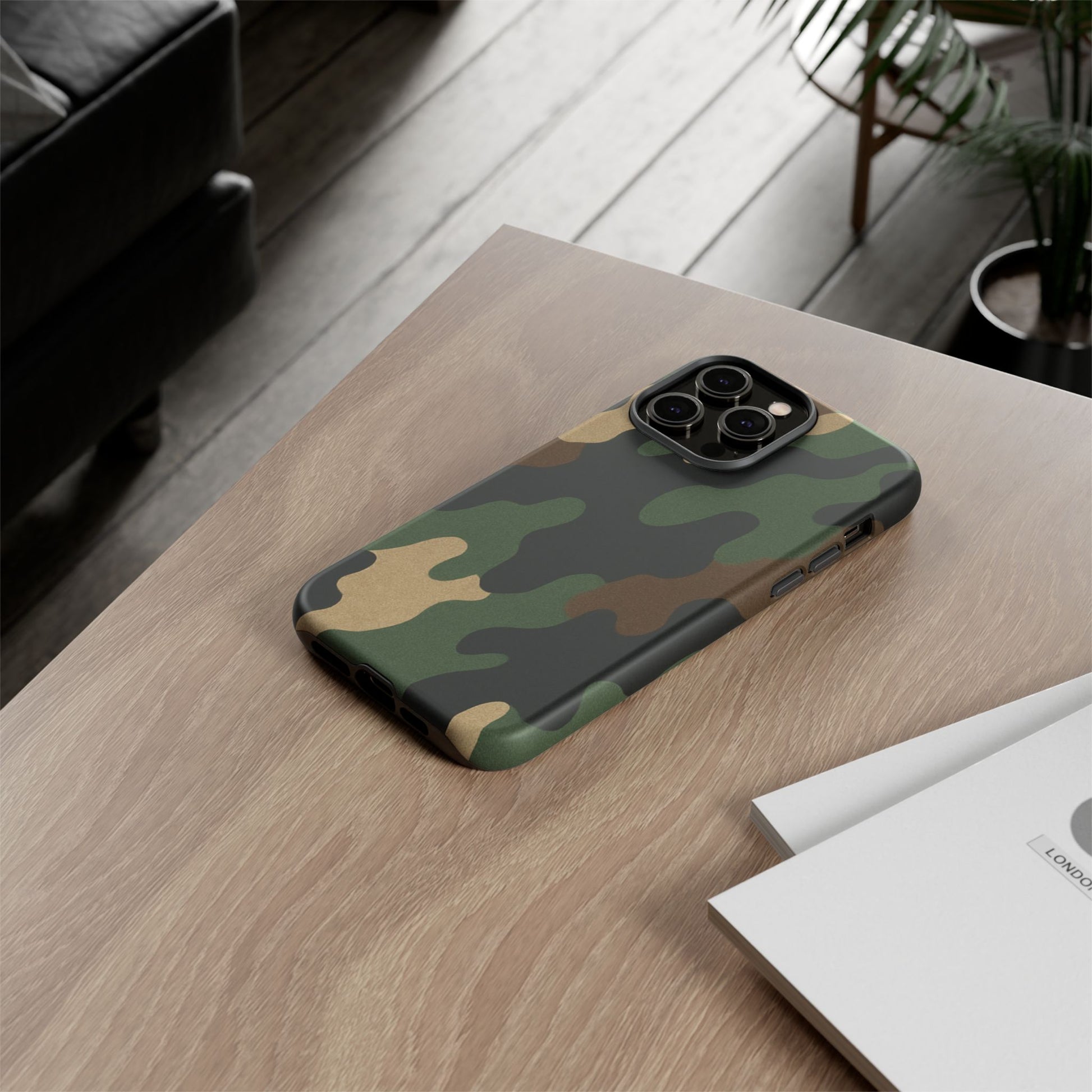 Military green camo tough phone case by Printify, rugged protective cover for smartphones with a military-inspired design.