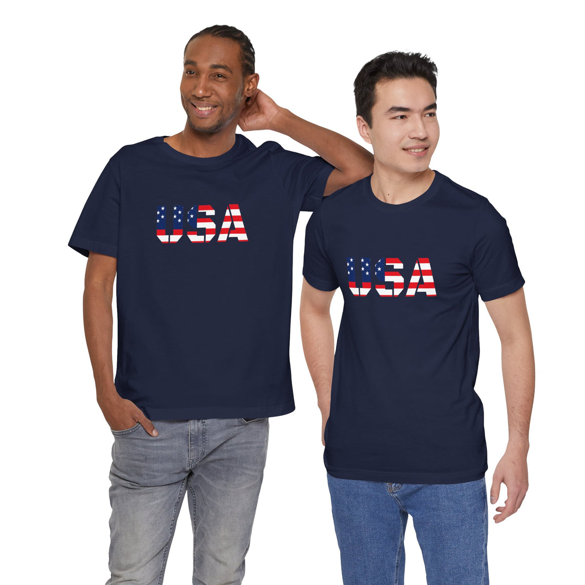 USA Flag text T-shirt by Printify featuring patriotic Fourth of July design, with red, white, and blue colors and bold flag imagery.