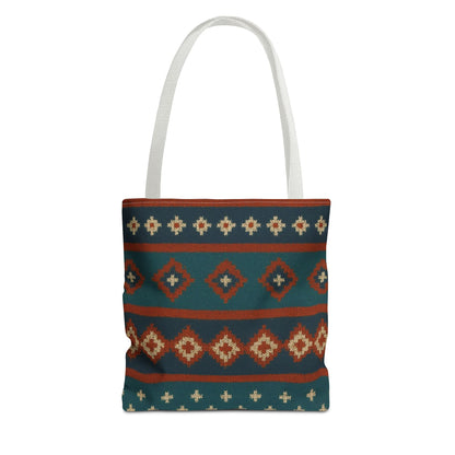 Southwestern diamond pattern tote bag with Aztec tribal geometric print, made by Printify, showing vibrant bag design and sturdy handles.