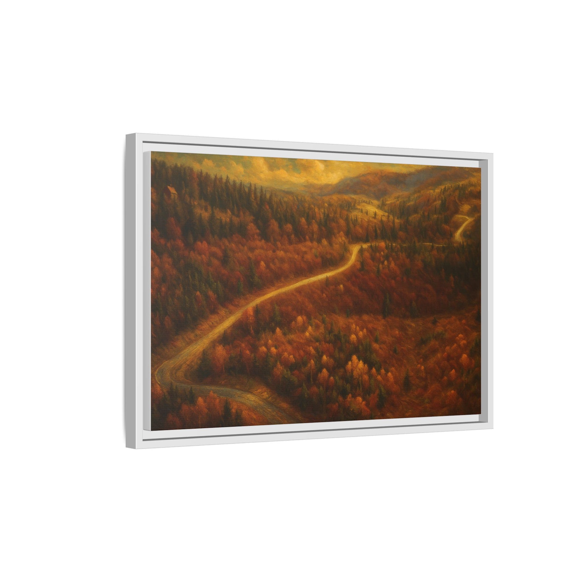 Framed matte canvas print of an autumn forest road landscape wall art by Printify, showcasing vibrant fall colors and natural scenery.