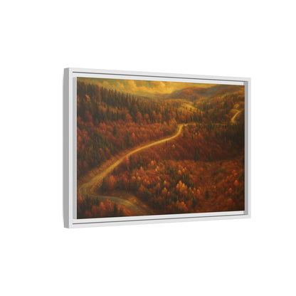 Framed matte canvas print of an autumn forest road landscape wall art by Printify, showcasing vibrant fall colors and natural scenery.