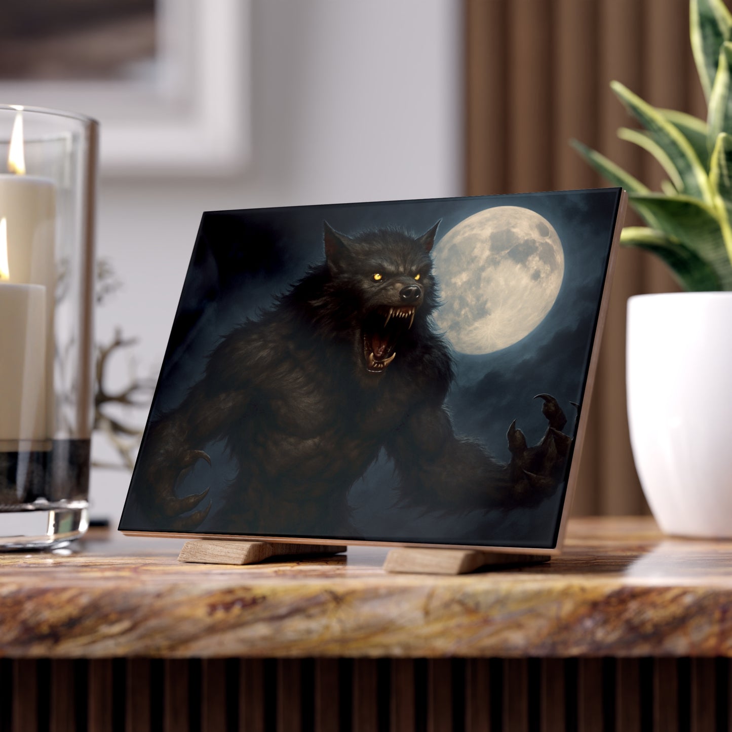 Werewolf Ceramics Decor, Unique Wolf Moon Tile, Gothic Home Accents, Halloween Gift, Dark Art Decoration, Spooky Wall Art