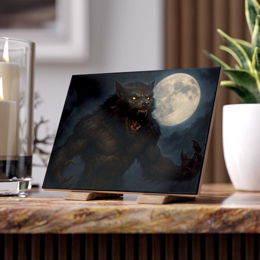 Ceramic tile featuring fierce werewolf moon art, horror-themed wall decor for home interior decoration.