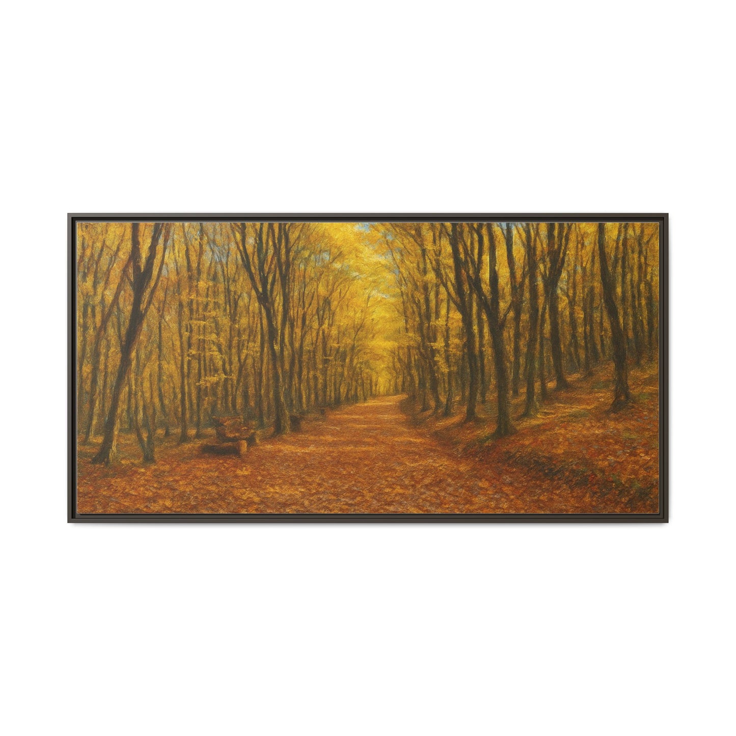 Autumn forest path matte canvas framed wall art by Printify showing a scenic forest trail with colorful fall foliage.