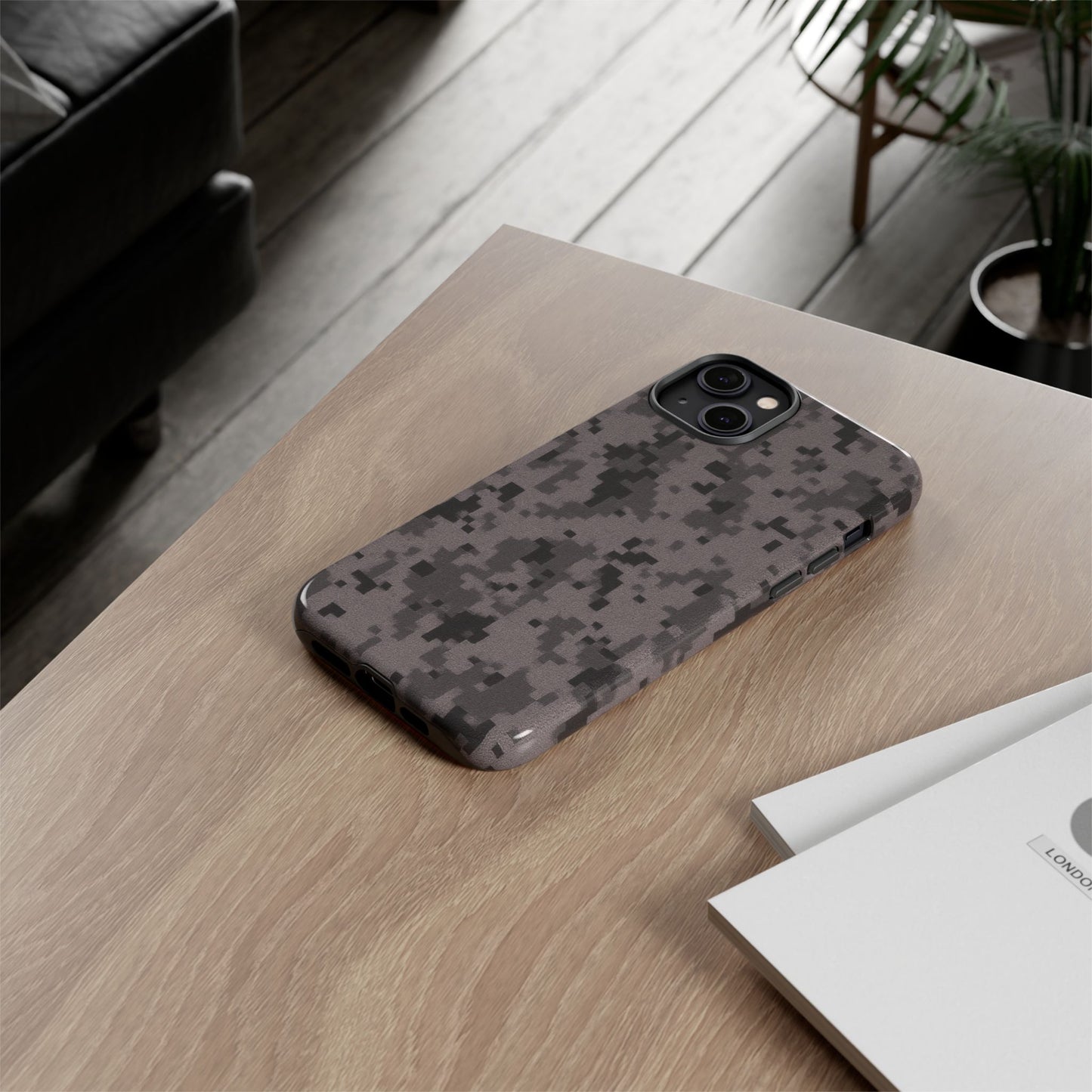 Gray digital camouflage phone case by Printify, rugged protective cover for smartphones with a tough, stylish camouflage design.