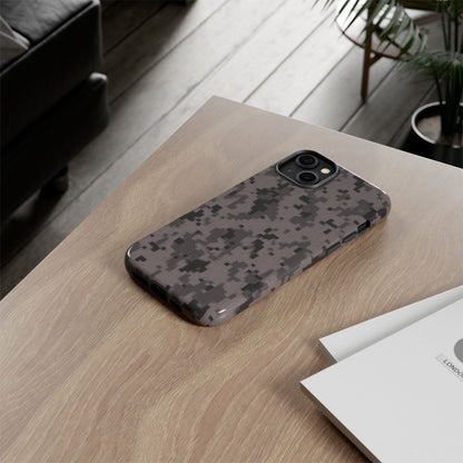 Gray digital camouflage phone case by Printify, rugged protective cover for smartphones with a tough, stylish camouflage design.