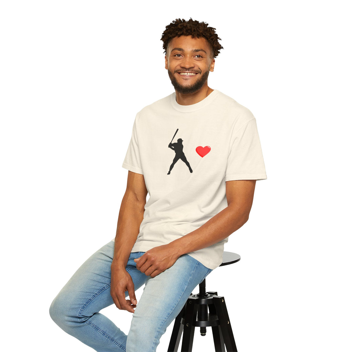 Printify baseball batter heart T-shirt featuring a baseball player with a heart graphic on the front, casual and stylish.