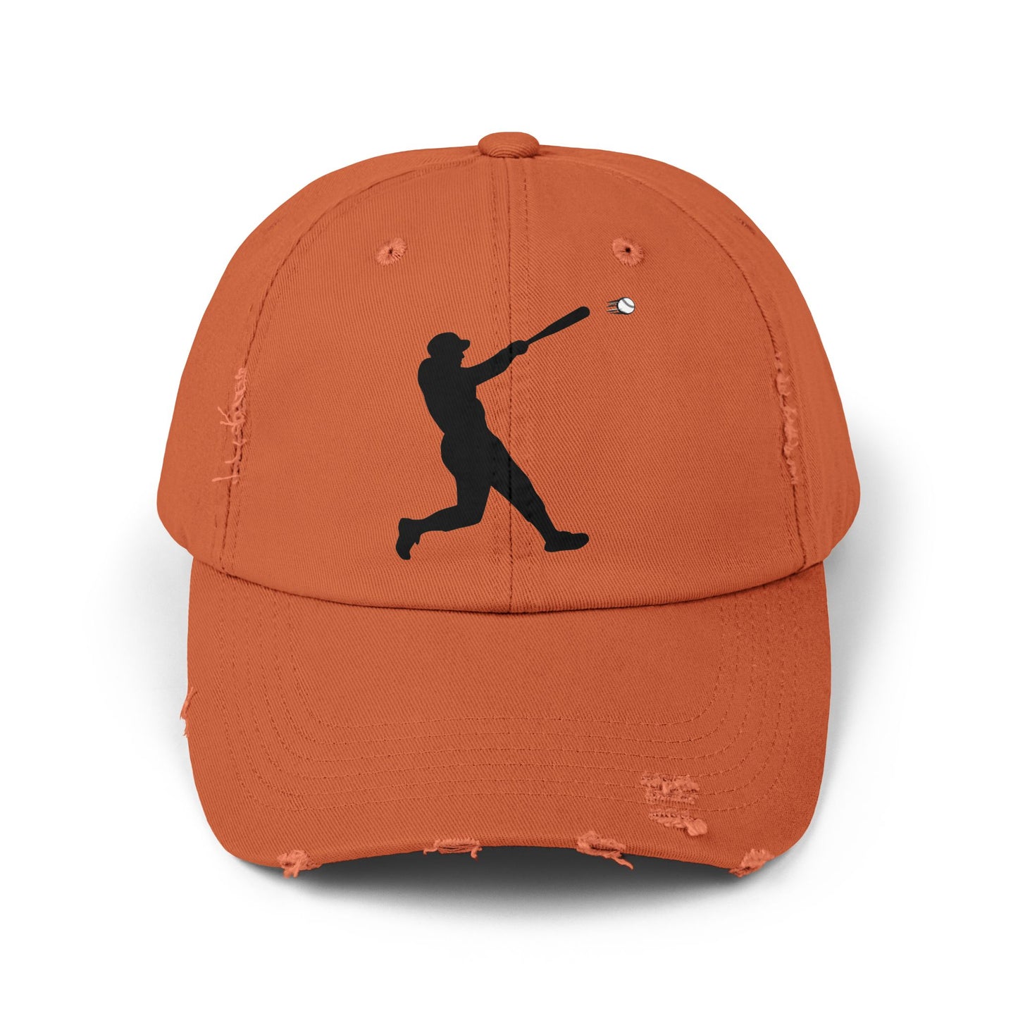 Distressed baseball cap with silhouette batter design, casual hat from Printify featuring a worn, vintage style and adjustable strap