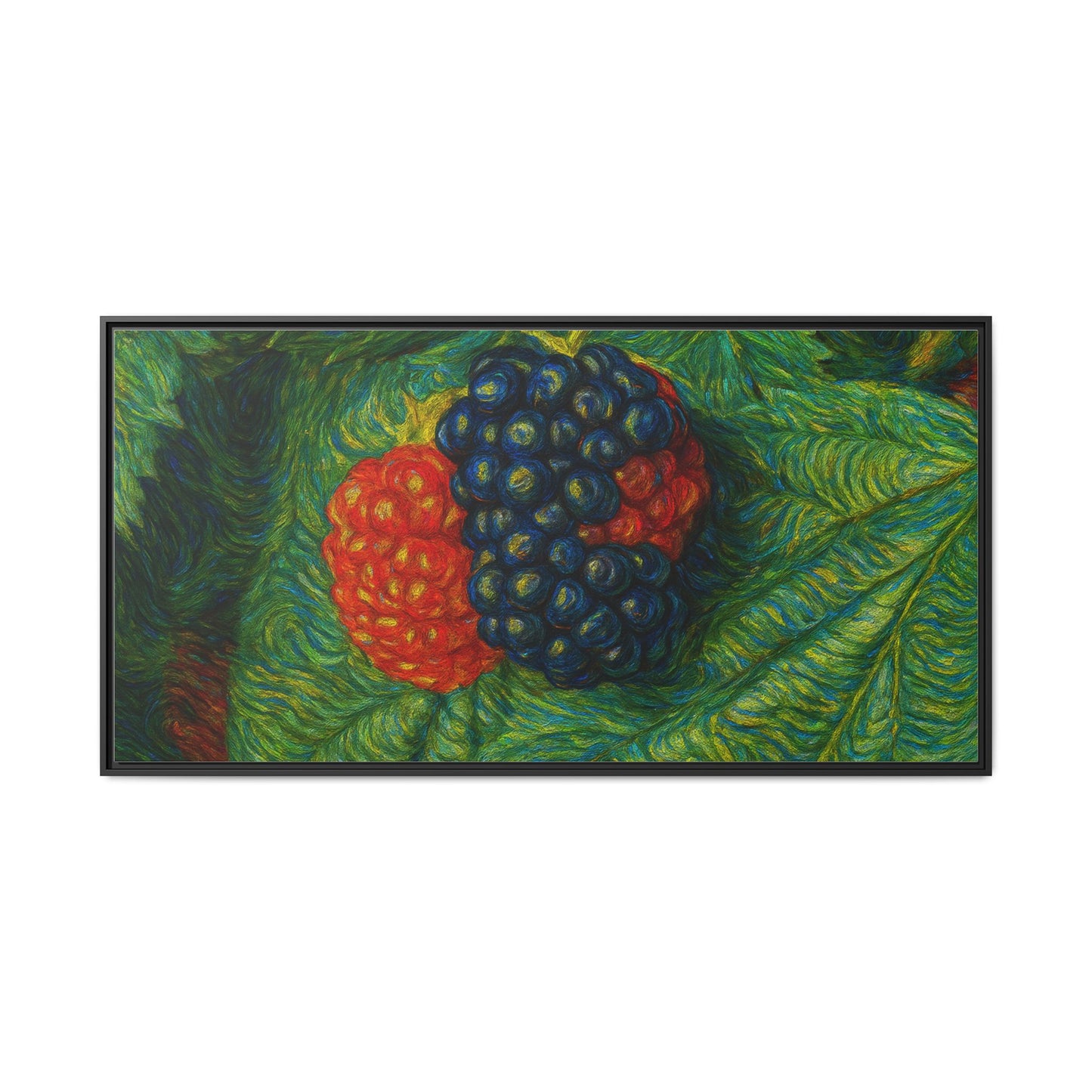 Blackberry still life framed canvas print by Printify, featuring detailed blackberries in a classic art style on a textured canvas.