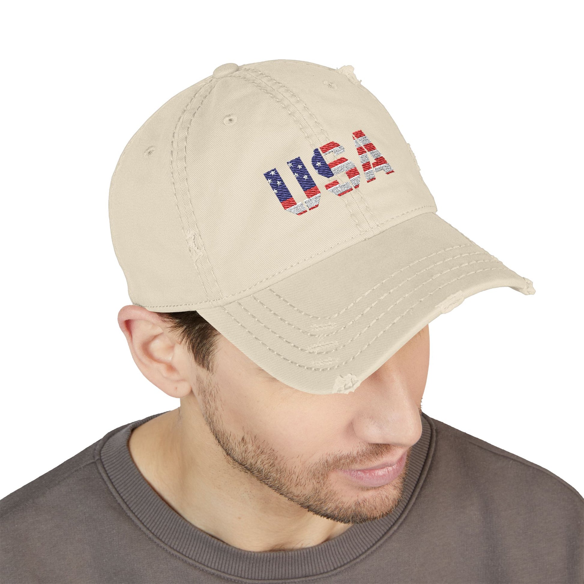 Distressed USA flag embroidered dad hat in navy with adjustable strap, featuring patriotic patriotic design and Printify branding.