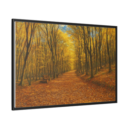 Autumn forest path matte canvas wall art by Printify showcasing a scenic woodland trail with colorful fall foliage.