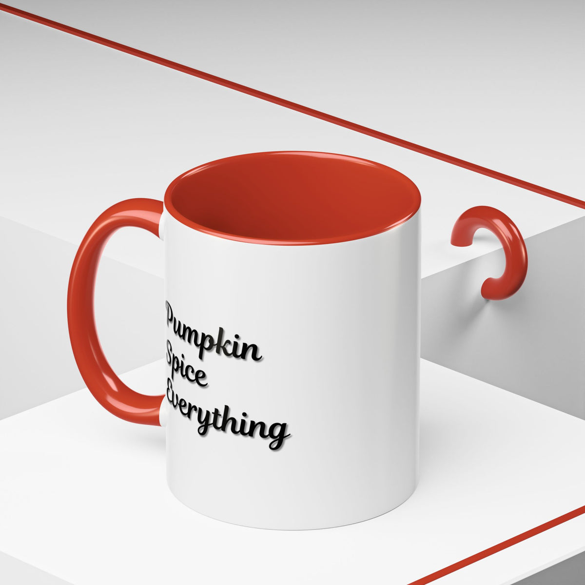 Pumpkin Spice Everything accent coffee mug by Printify, fall-themed 11oz ceramic mug with pumpkin and autumn leaf design.