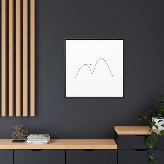 Minimalist mountain line art on framed matte canvas by Printify, featuring simple black mountain outlines on white background.